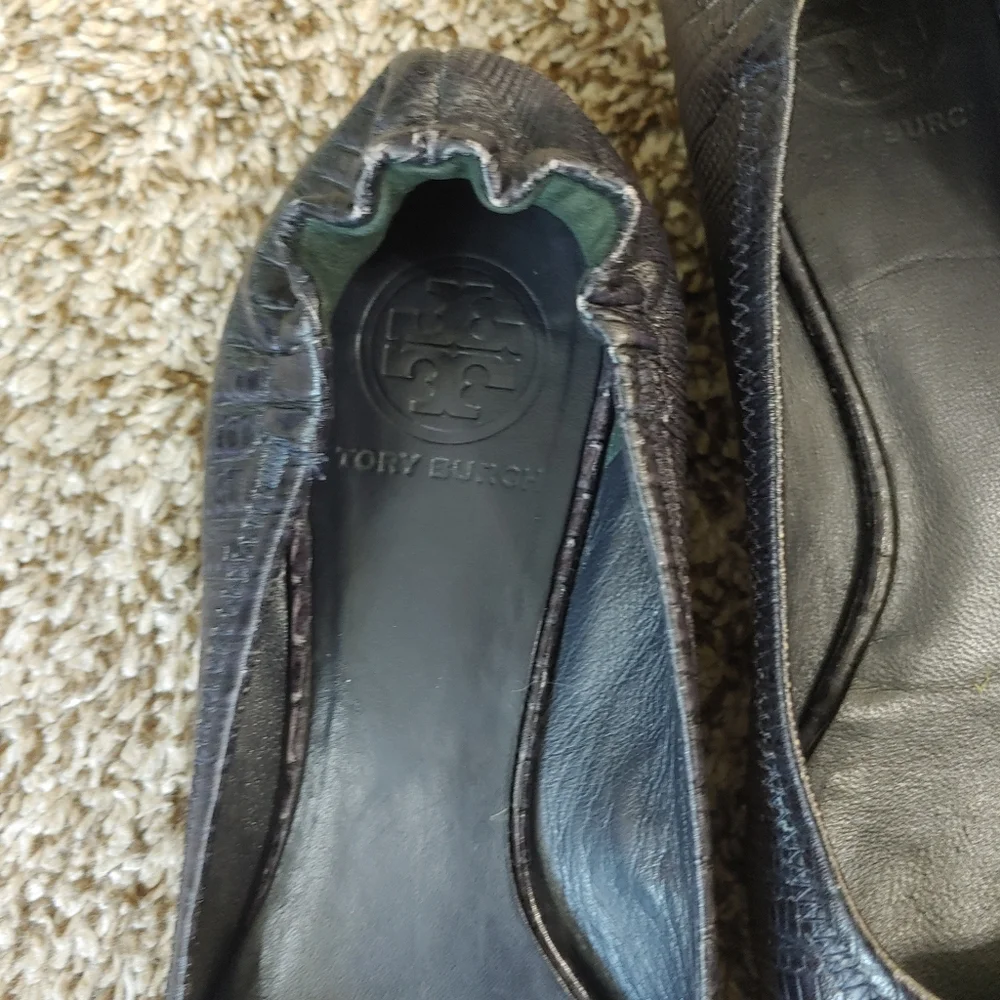 Tory Burch Ballet Flats Black Snake Print Leather Gold Logo Womens Size 7.5